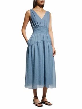 Vince Sleeveless V-Neck Smocked Midi Dress Size XS Lake Blue Tencel Blend